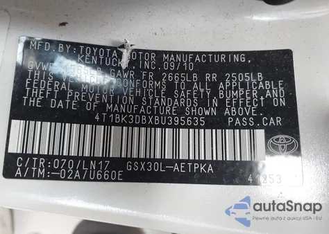 2011 Toyota Avalon Limited from USA, damaged, VIN 4T1BK3DBXBU395635